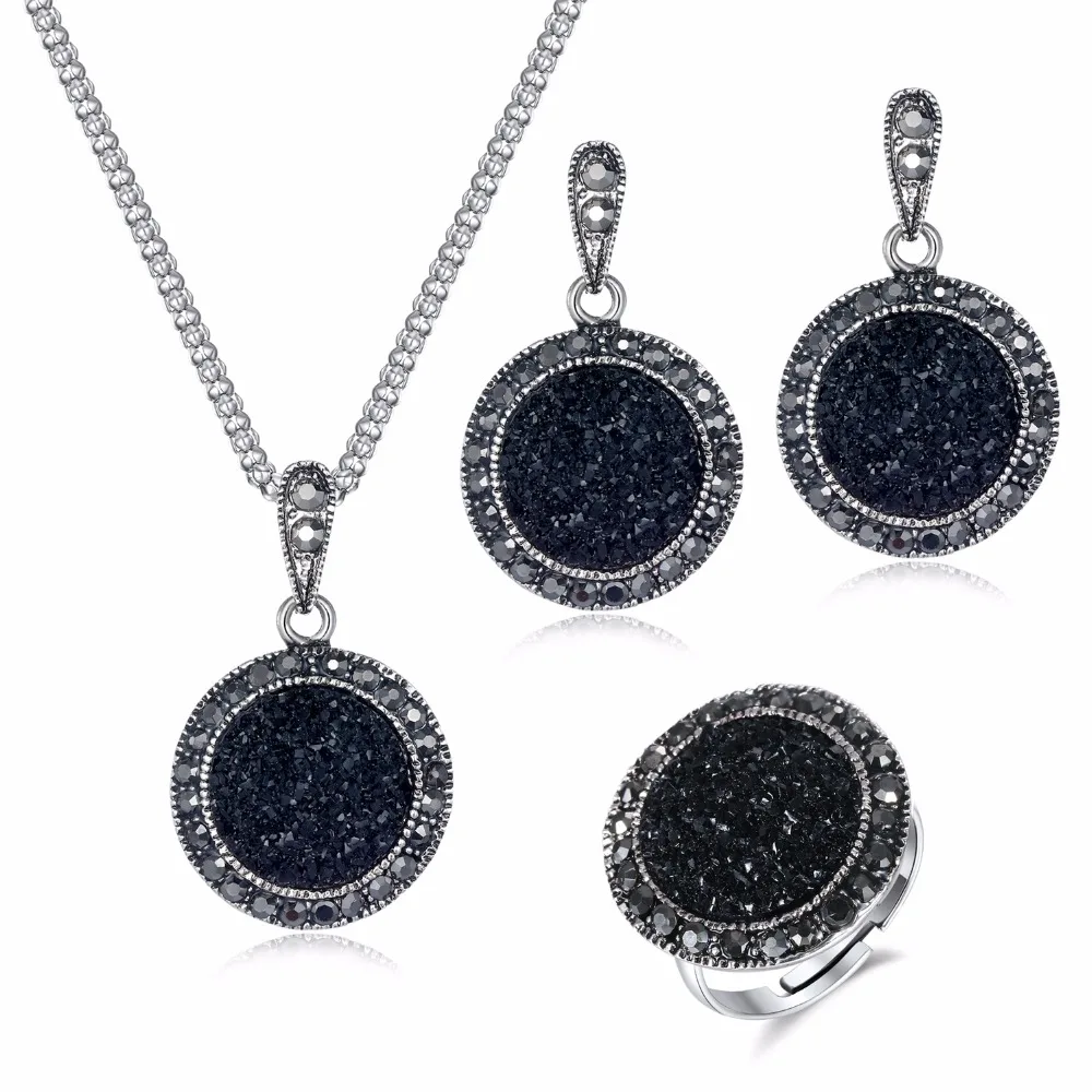 Vienkim, винтажные Свадебные Ювелирные наборы с черным разбитым камнем, Кристальное ожерелье, серьги, кольцо для модных женщин, уникальные ювелирные изделия в богемном стиле - Окраска металла: Black