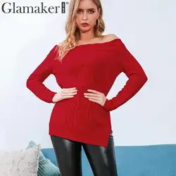 Glamaker вне плечо элегантный красный свитер джемпер длинный трикотажный свитер женский пуловер Сплит сексуальные свитера Женский пуловер