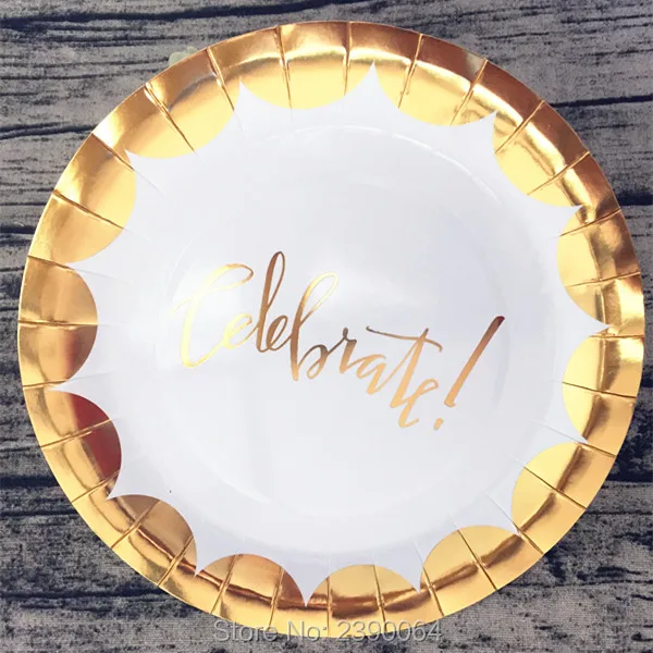 Scallop Gold Foil Celebrate Paper Plates 40pcs Metallic Gold Edge Paper
