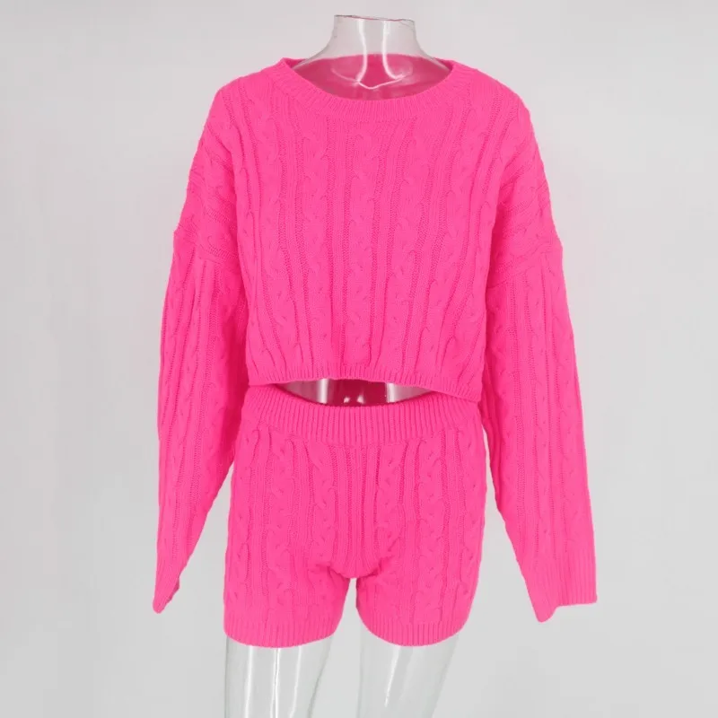 Ohvera, зимний комплект из двух предметов, вязаный свитер с длинным рукавом, топы и обтягивающие шорты, костюм, сексуальная одежда для Женский комплект 2 шт - Цвет: Rose