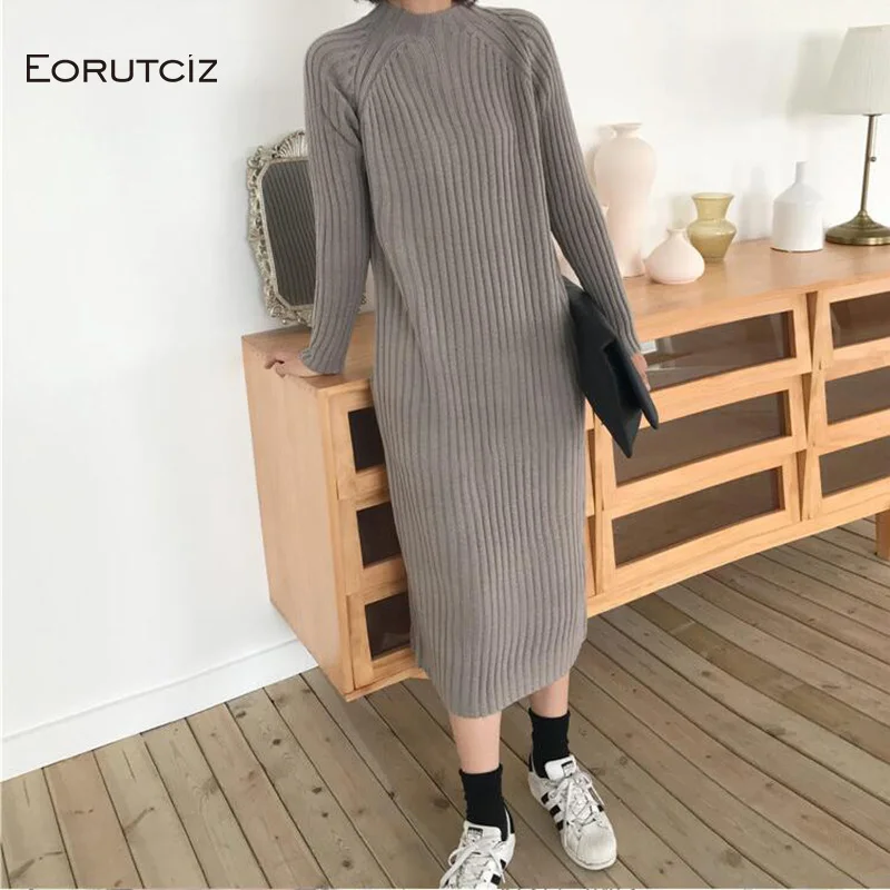 

EORUTCIZ Winter Turtleneck Dress Women Knitting Oversize Autumn Black Basic Dress Warm Long Sleeve Basic Sweater LM120