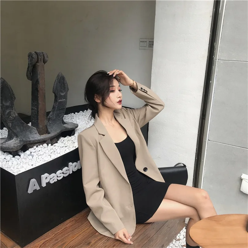 

TYHRU Ladies Solid Color Lapel Long Sleeve Single Breasted Loose Jacket