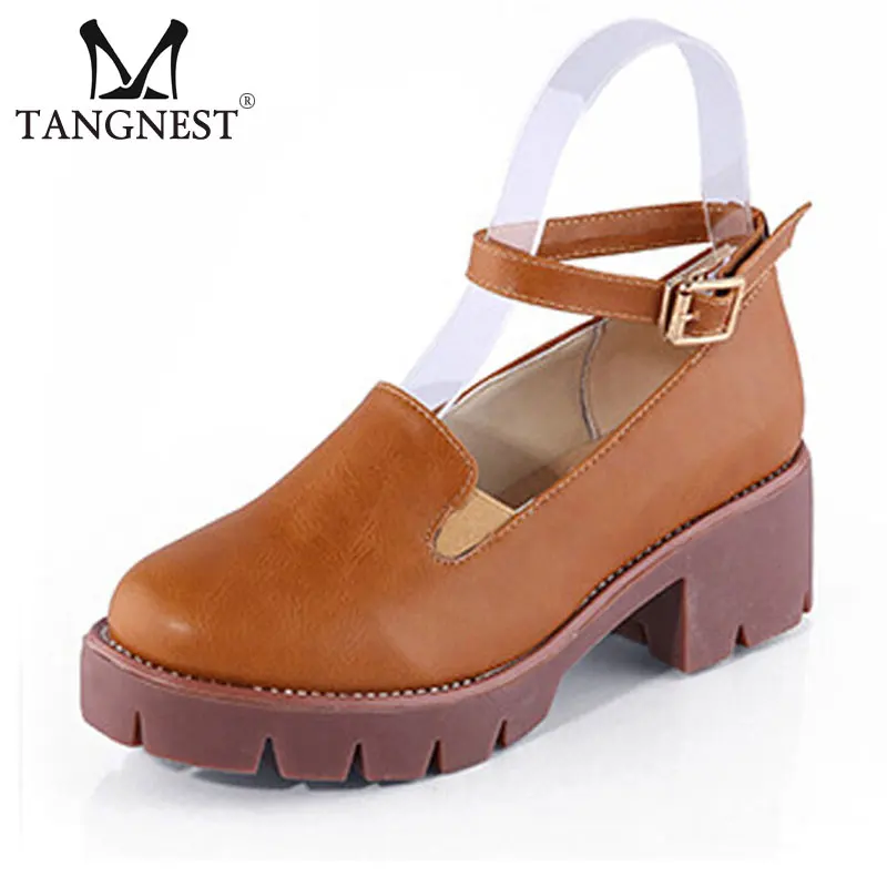 

Vintage Thick Heel Shoes Women Autumn Fashion Ankle Strap Oxford Shoes Round Toe Platform Flats Woman Black Brown XWD4449