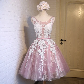 

New Fashion Short Pink Lace Flower Banquet Short Evening Dress The Bride Slim Sexy Transparent A-line Party Gown Formal Dresses