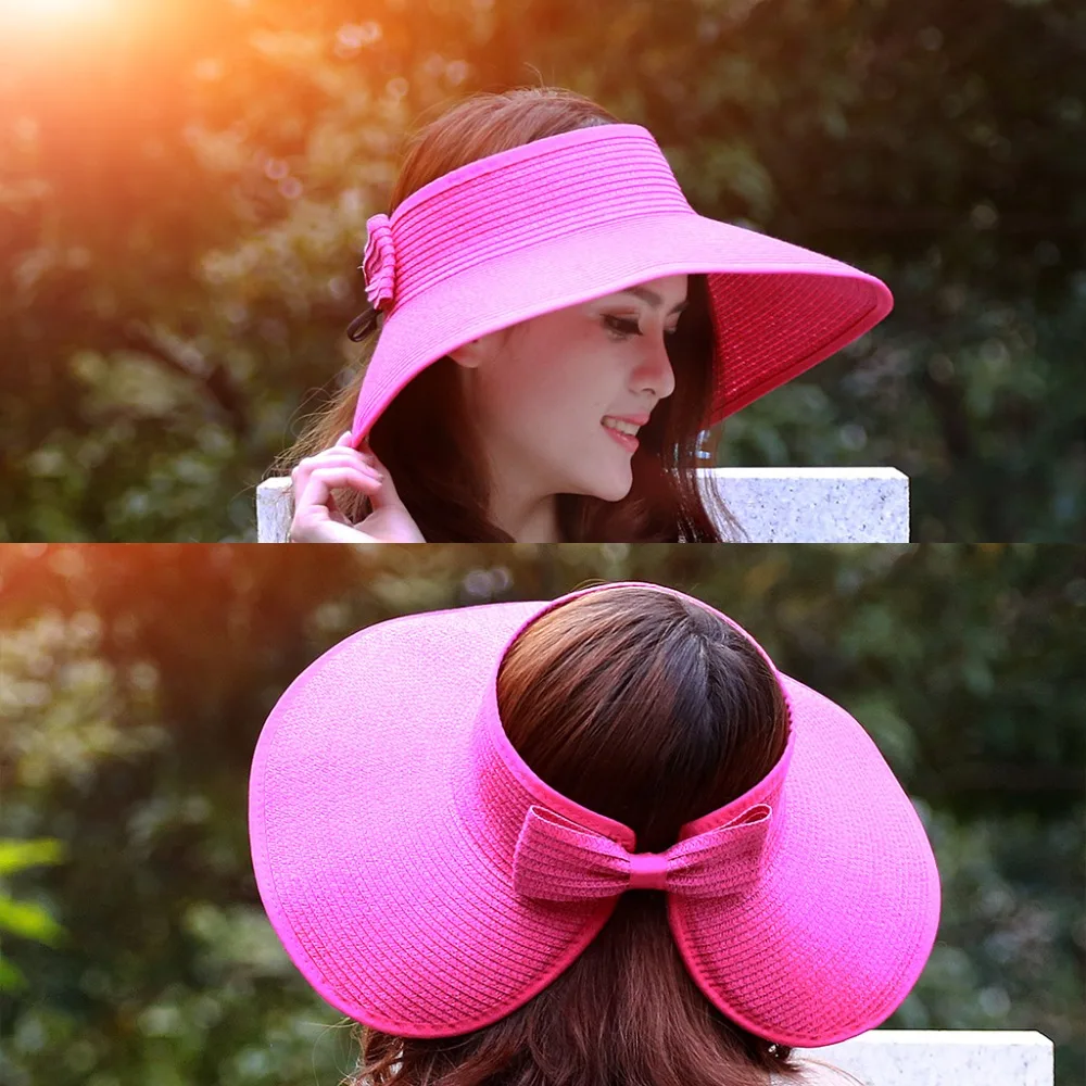 

Lady Women Striped Foldable Straw Sun Hat Beach Summer Wide Brim Top Cap Bowknot