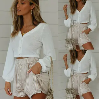 

2019 Ladies Women Shorts Striped Casual High Waist Shorts Hot Beach Summer