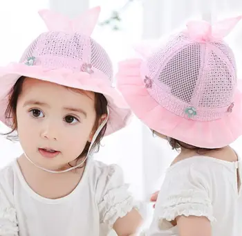 

0-2years Baby care Hat Children Jazz Cap Bucket Summer sun shade net net hat hollow rabbit ears baby pot cap cute little princes