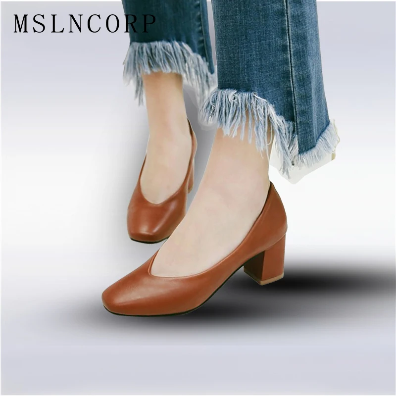 

plus size 34-43 New High Heels Pumps Fashion Soft Leather Dress Square Toe Women Shoes slip-on Office Career Pumps Free shipping