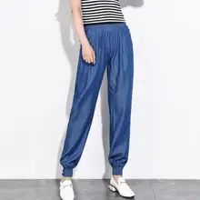 Большие размеры 26-33! Летняя Мода tencel женские свободные эластичные шаровары с высокой талией джинсы длиной до щиколотки