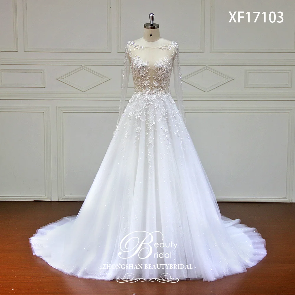 Новое поступление роскошные сексуальные свадебные платья трапециевидной формы с великолепной аппликацией Vestido De Noiva с глубоким круглым вырезом размера плюс XF17103