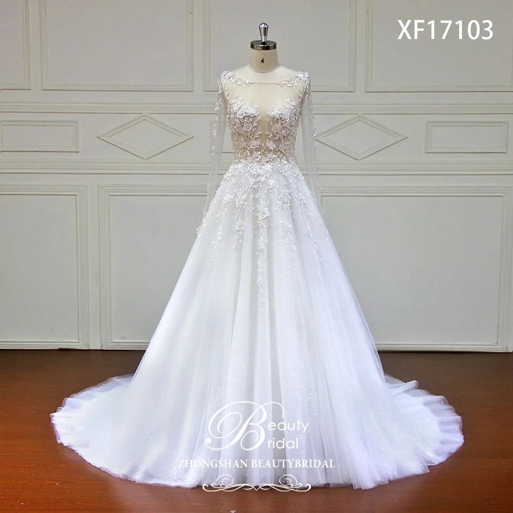 

New Arrive Luxury Sexy Illusion A Line Wedding Dresses Gorgeous Appliques Vestido De Noiva Deep O-Neck Plus Size XF17103
