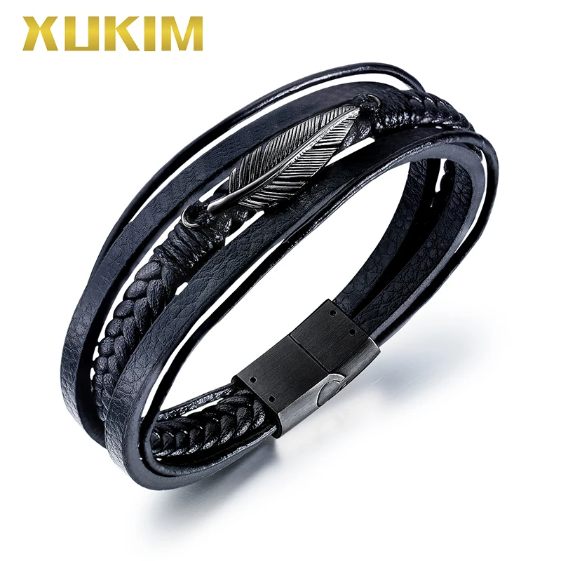 Мужской браслет из плетеной кожи Xukim многослойный нержавеющей стали ювелирное