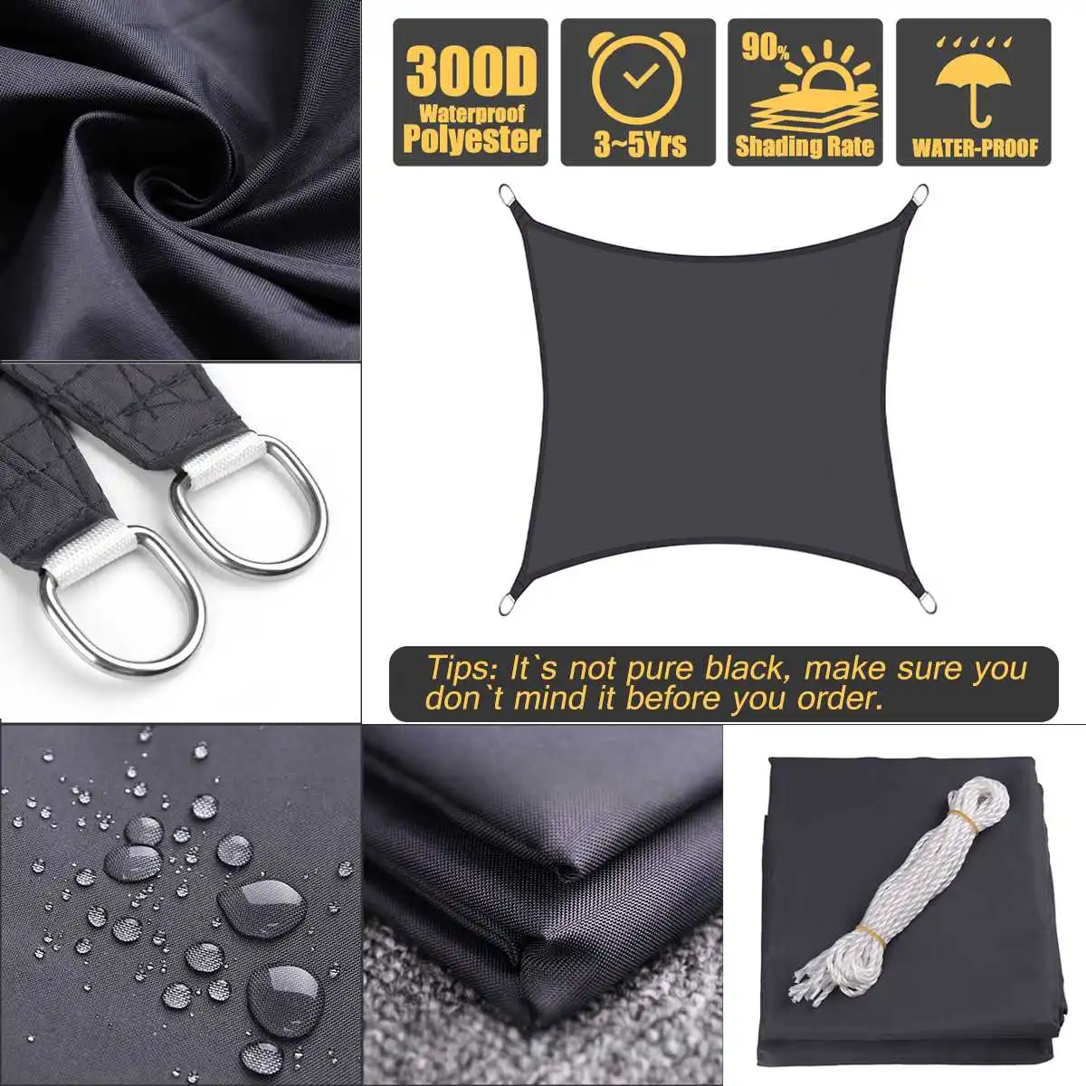 

300D 160GSM Square Sun Shade Sail Garden Patio Awning Canopy Sunscreen UV Block Outdoor Camping