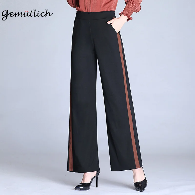 

GEMUTLICH S-9XL Knitted Wide Leg Pants Women Full Length Trousers Elastic High Waist Casual Trousers Brown White Black