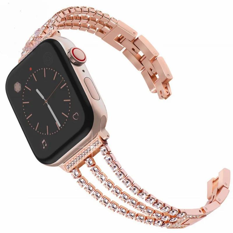 Women Watch Band Diamond Bling for Apple Watch iWatch 1/2/3/4 Stainless Steel Metal Three Chain Diamond Straps Bracelet