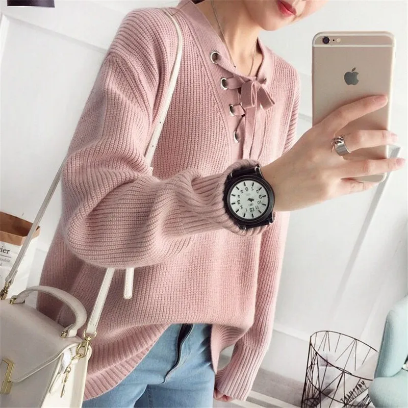 

Female Women Casual Lace up V-Neck Loose Pullover Sweater Winter Autumn Jumper maglione donne