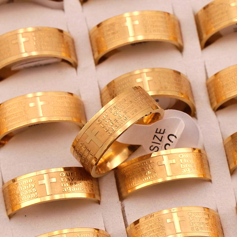 

New 36pcs/Lots English Lord's Prayer Stainless Steel Etching Internal Polishing Cross Religious Jewelry Ring For Man Women