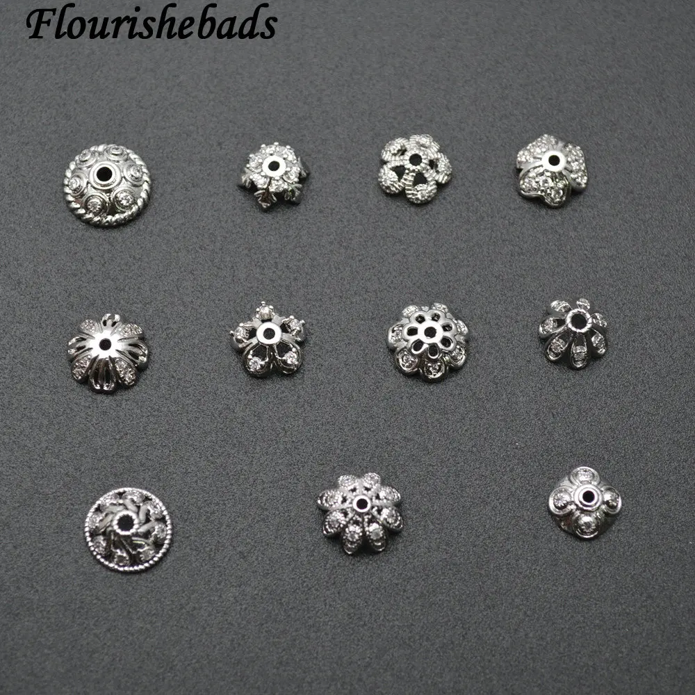 

Zircon CZ Beads setting Metal Flower Petal Bead Caps DIY Jewelry Findings 30pc Per Lot Rhodium color