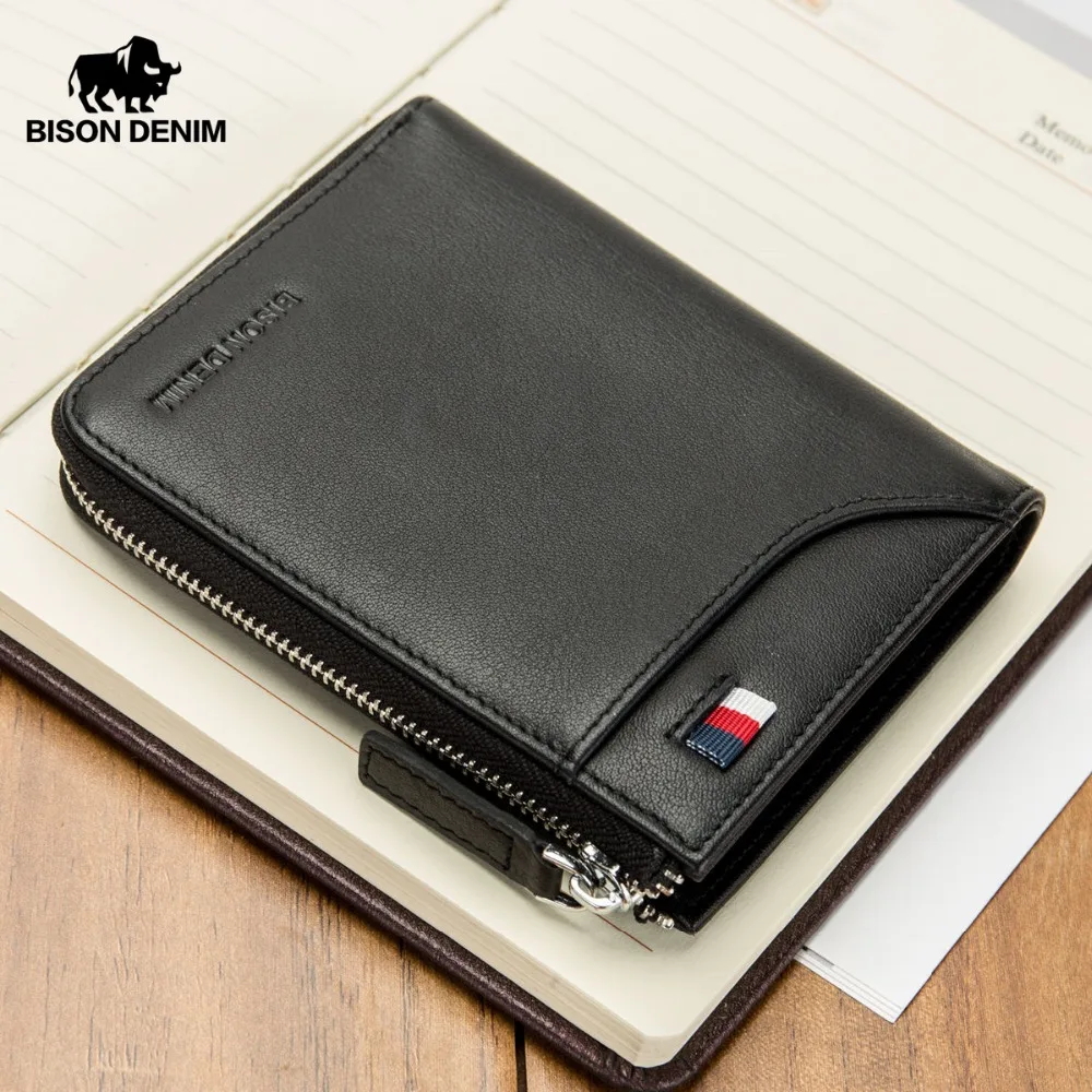 

BISON DENIM New Cow Leather Wallet Male Short Purse For Men Leather Money Bag with Zipper Coin Purse ID/Credit Card Holder N4478