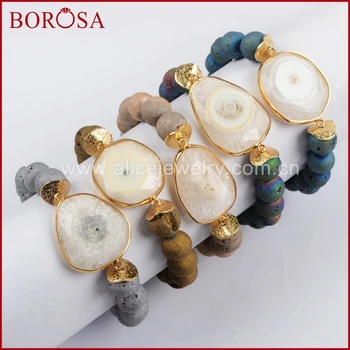 

BOROSA Gold Color Sun Flower White Solar Quartz Faceted Bracelet With 10mm Titanium Druzy Stone Beads Bracelets for Women G1431