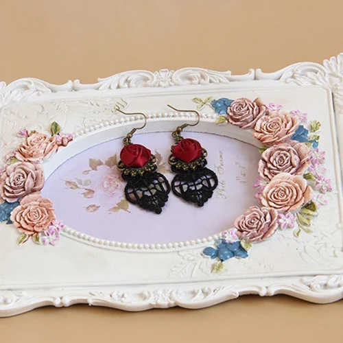 

1 Pair Vintage Gothic Vampire Halloween Black Lace Red Flowers Dangle Earrings