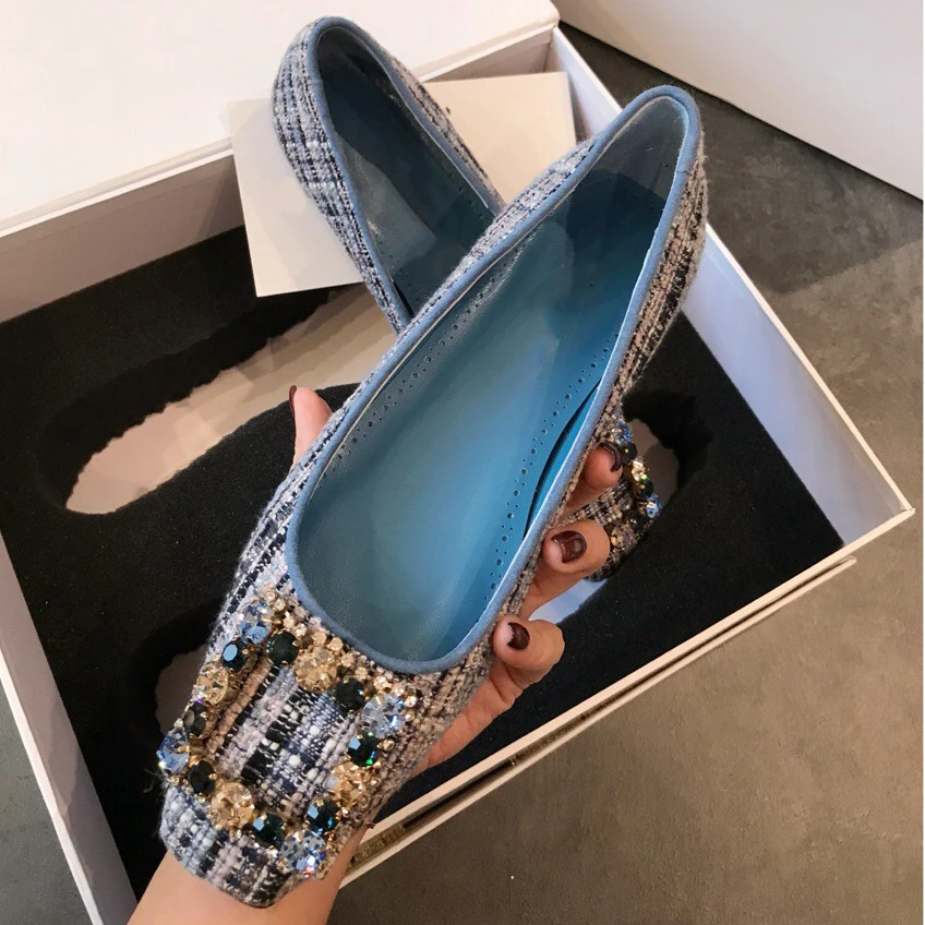 

Kmeioo 2019 Spring New Brand Shoes Woman Wedding Shoe Genuine Leather Flats Jewel Loafers Elegant Gingham Flat Shoes Pink Blue