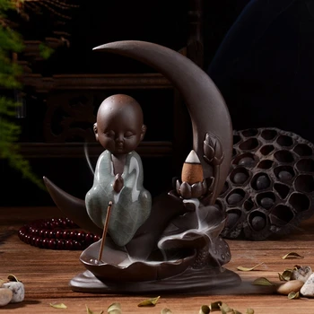 

Ceramic Moon Lotus Monk Smoke Backflow Cone Holder Incense Burner & 7 CONES