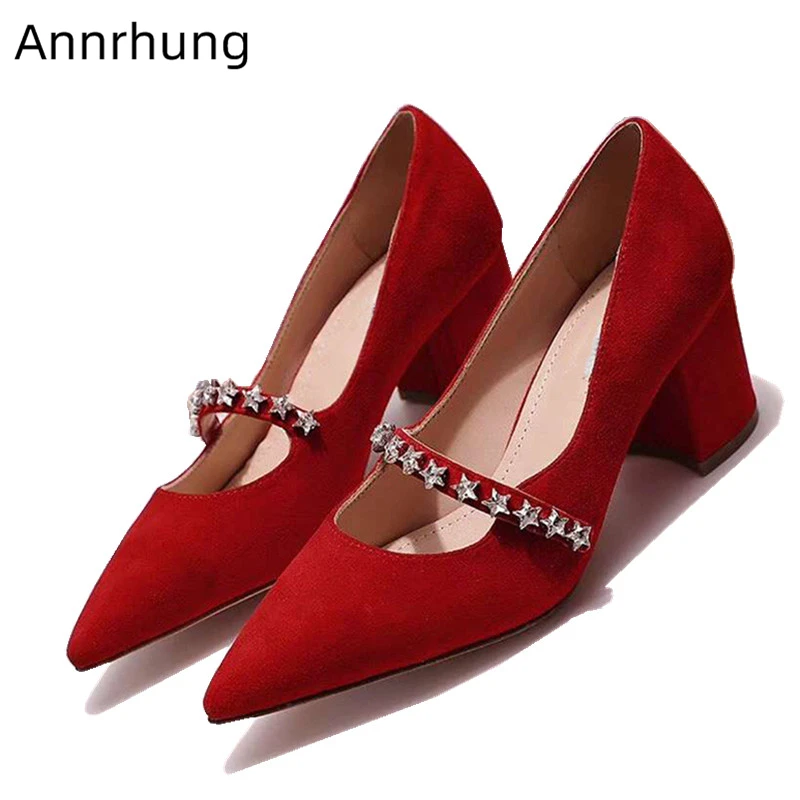 

Crystal Star Pumps Women Chunky High Heels Shoes Pointed Toe Square Heel Rhinestone Red Suede Shallow Shoes Zapatos Feminina