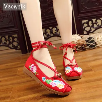 

Veowalk Spring Handmade Embroidery Women Ballet Flats Chinese Old Peking High Foot Straps Casual Flats Dance Cloth Shoes