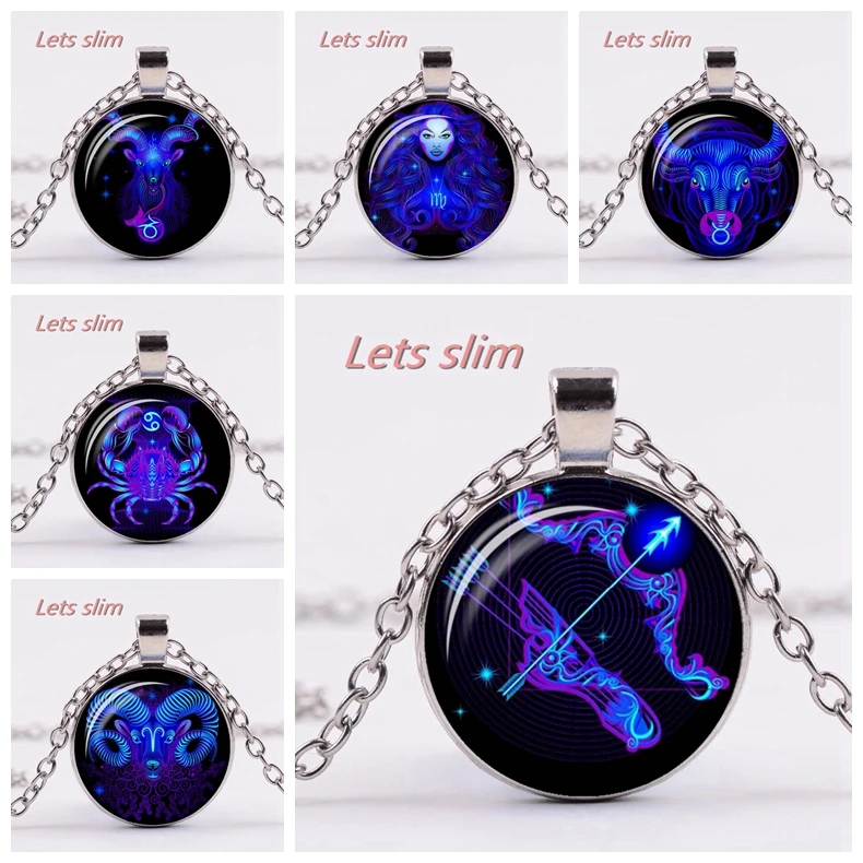 

LETSSLIM Galaxy Constellation 12 Zodiac Constellation Astrology Necklace Female Pendant Necklace Men's Glass Bevel Pendant
