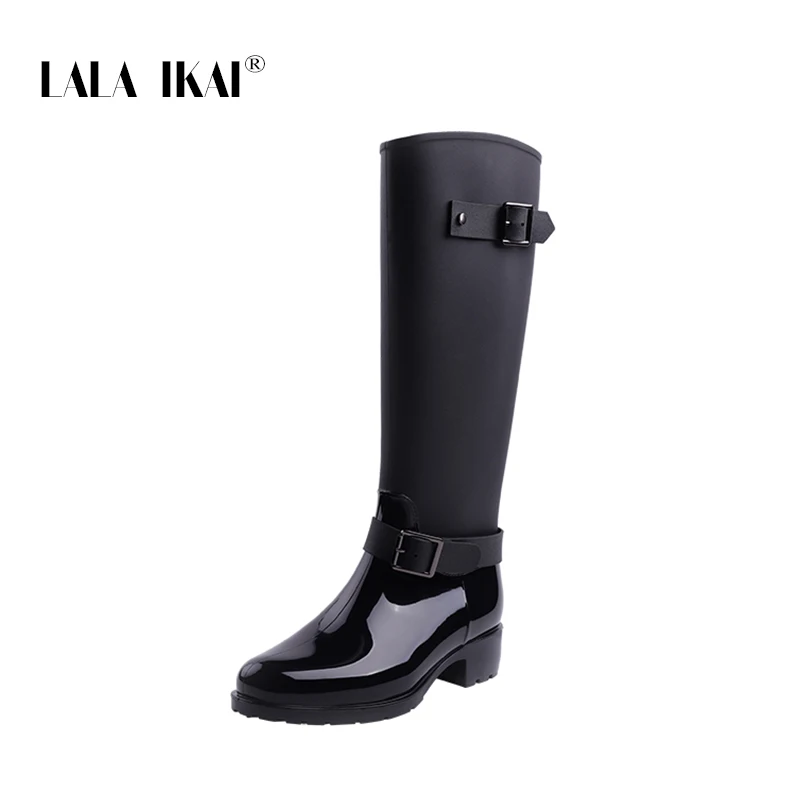 

LALA IKAI Women Rain Boots Hunter Zipper Med Heel Waterproof PU Buckle Patchwork Over The Knee Boots 014C2983 -49