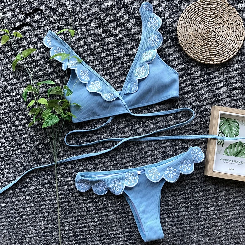 Bikinx 2019 Ruffled вышивка женский купальник бикини пуш ап купальники Highcut глубокий v