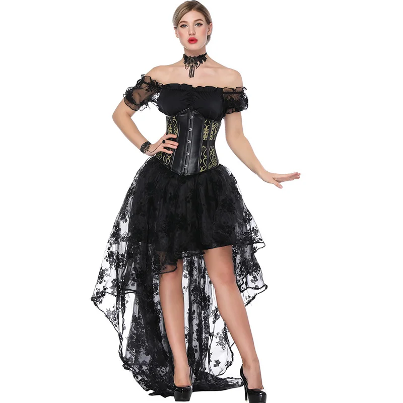 Women Sexy Gothic Victorian Steampunk Corset Dress Leather Overbust Corsets And Bustiers Lace Black Wedding Party Corset Dress (1)