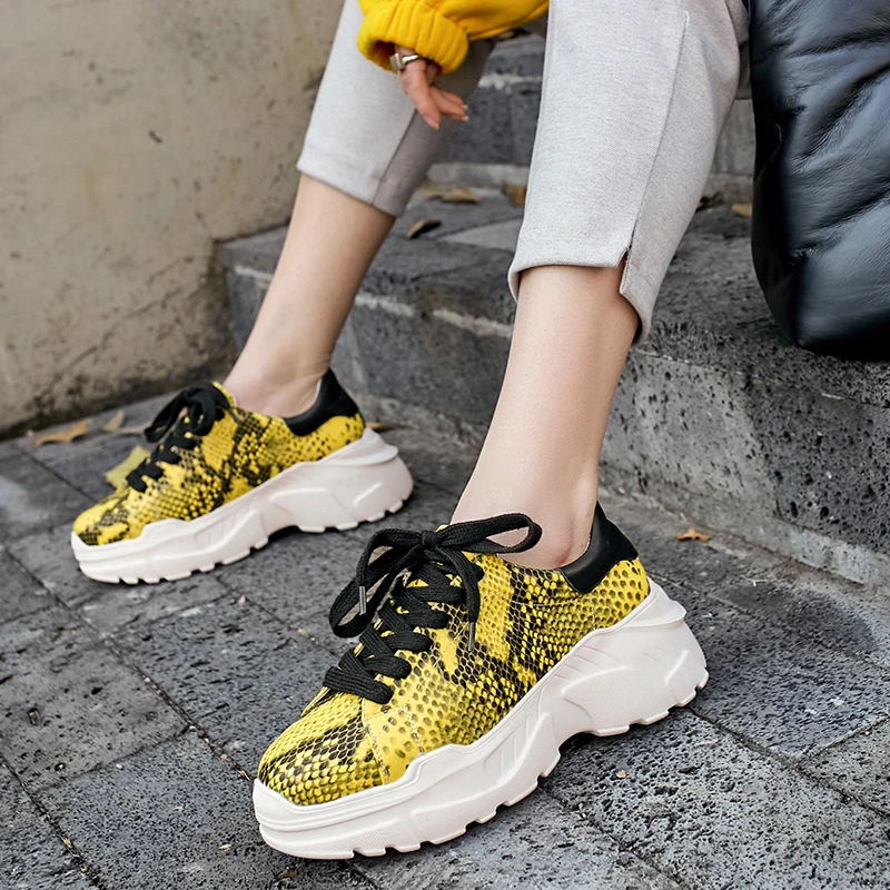 

Genuine Cow Leather Sneakers Women Western Style Snake Veins Casual Sneakers Ladies Flats Platform Luxury Shoes Woman