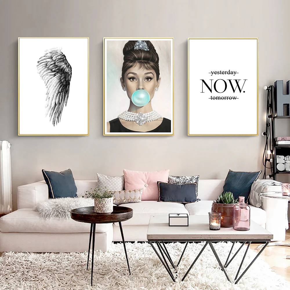 

Audrey Hepburn Painting Black White Canvas Print Pictures Wall Decor For Living Room Poster Quote Feather Picture Unframed