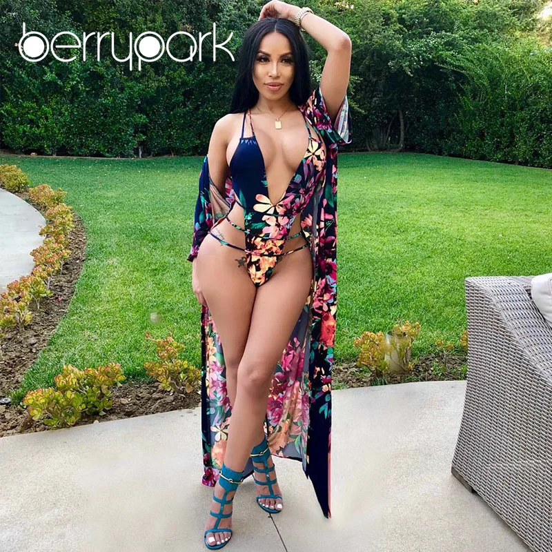 

BerryPark Floral Print High Cut Deep V-Neck Bandage Bodysuit+Cover Up 2 PCS Set Swimsuit 2019 Women Swim Suit Beach Wear 6Colors