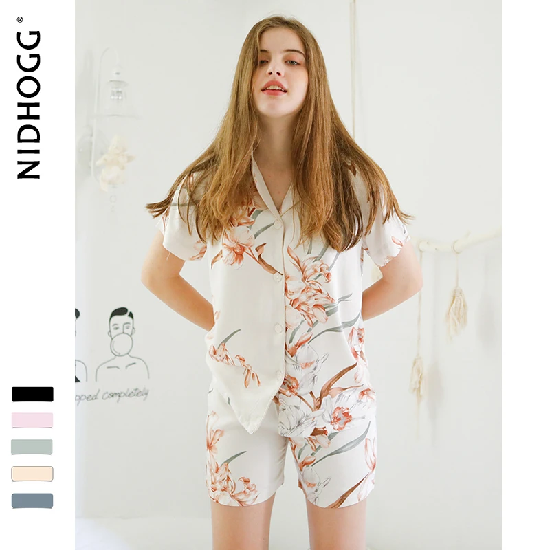 

Summer Thin Milan Flower Short-sleeved Printing Pajamas Turn-down Collar Shorts Satin Sleepwear Sweet Loungewear Home Clothes