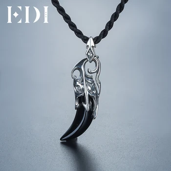 

EDI Retro 925 Sterling Silver Jewelry Black Chalcedony Agate Wolf Tooth Vintage Necklace Pendant For Cool Men