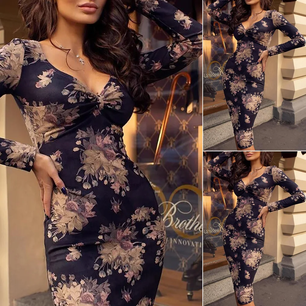 US Women's Bandage Bodycon Long Sleeve Party Club Midi Dress