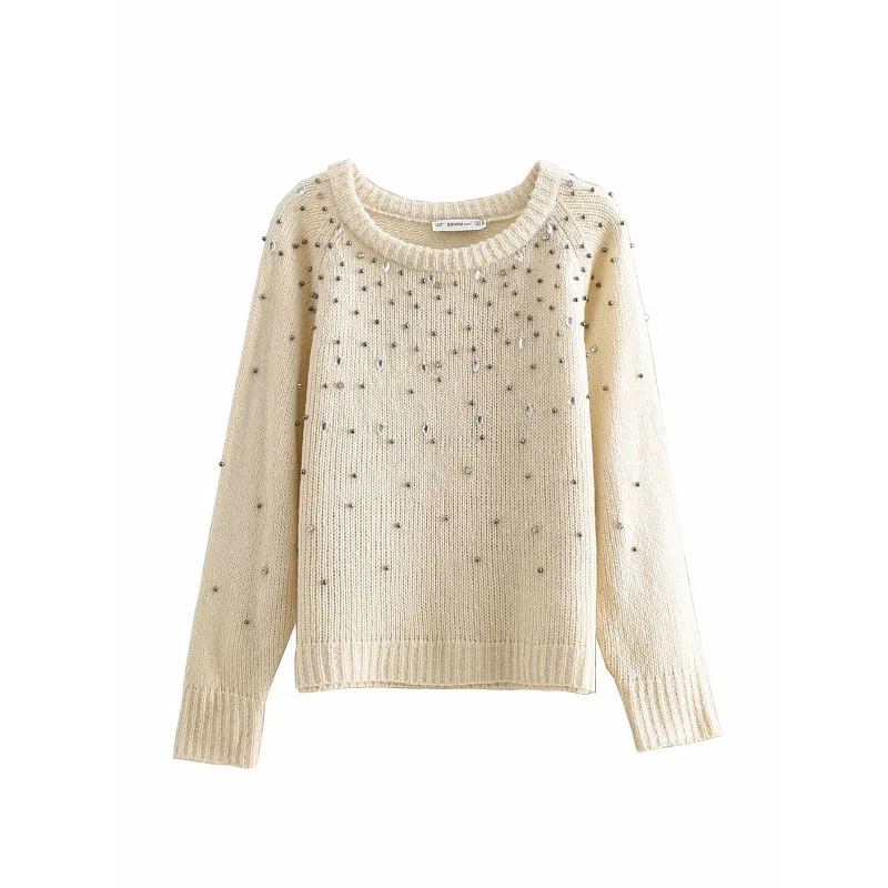 

Women Beading Beige Sweater O-Neck Knitted Pullovers Long Sleeve Casual Ladies Knitwear Top Feminine Jumpers for Girls