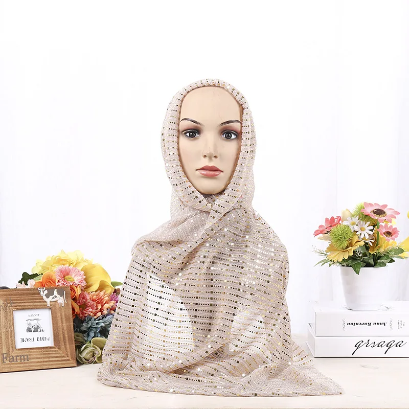 Летняя длинная шаль с блестками мусульманский хиджаб шарф головной убор металлическая свадебная вуаль Арабская Женская люрекс платок 180x68 см