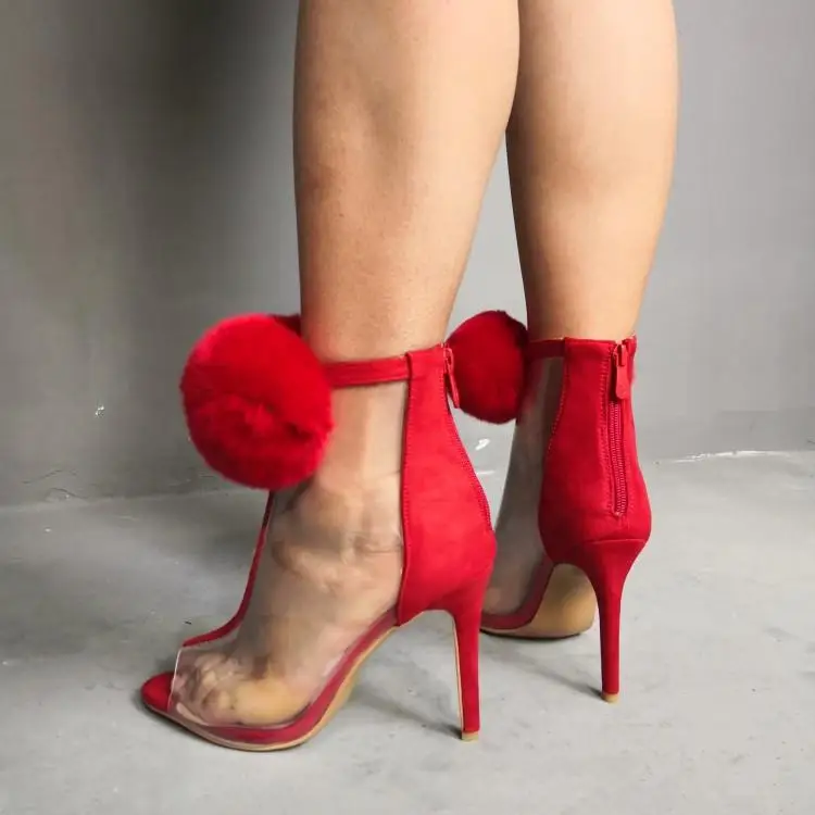 

Luxury Patchwork Red Suede Transparent PVC Upper Women Boots Sandals Sexy Fish Toe Cover Heel Back Zipper Shoes Woman With Ball
