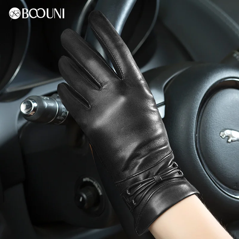 BOOUNI Genuine Leather Gloves Fashion Black Women Sheepskin Glove Winter Plus Velvet Leather Driving Gloves Hot Sale NW777