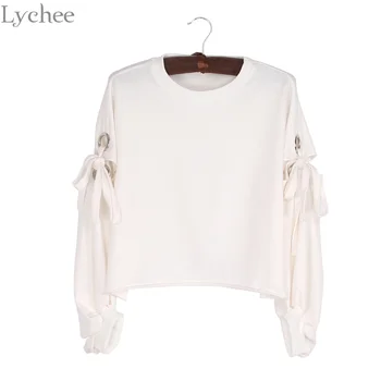 

Lychee Harajuku Women Sweatshirt Ring Hole Lace Up Solid Color Casual Loose Long Sleeve Pullover Tracksuit