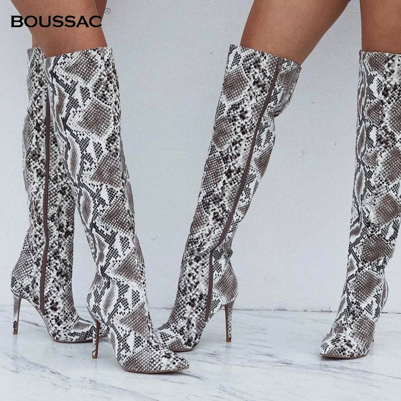 Boussac Sexy Snake Print Thigh High Boots Pointed Toe Long Knee Boots ...