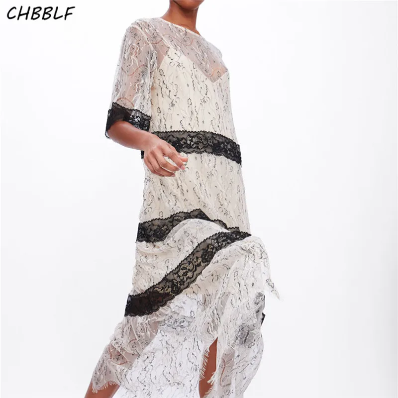 

CHBBLF women elegant lace patchwork maxi dress two piece set O neck short sleeve casual long dresses chic vestidos WDL6336