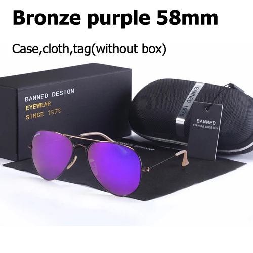 Высокое качество, bnen G15, зеркальные стеклянные линзы, дизайн для женщин и мужчин, авиационное солнцезащитное стекло es uv400 feminin, абсолютно новое, oculos, винтажное солнцезащитное стекло e - Цвет линз: bronze purple 58mm