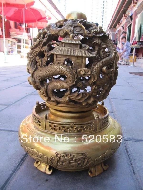 

14 inch brass chinese folk home fengshui treasure turn nine dragon royal palace