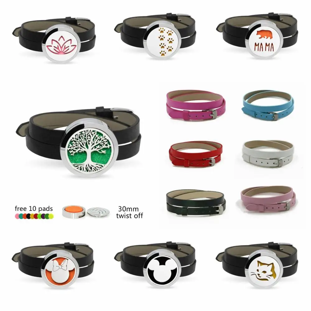

Perfume bracelet Diffuser locket tree of life cute cat paw heart 316L Stainless Steel Locket Bracelet Pu leather Wristband 10pad