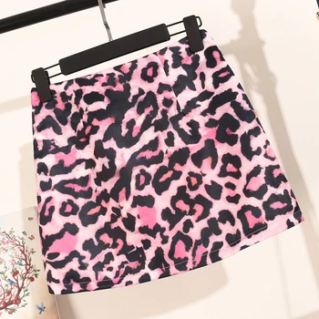 

MUMUZI Big Size Women 4XL Pink Leopard Printing Skirts for Women Slim High Waist A line Plus Size Skirt Stretchy Short Mini Saia